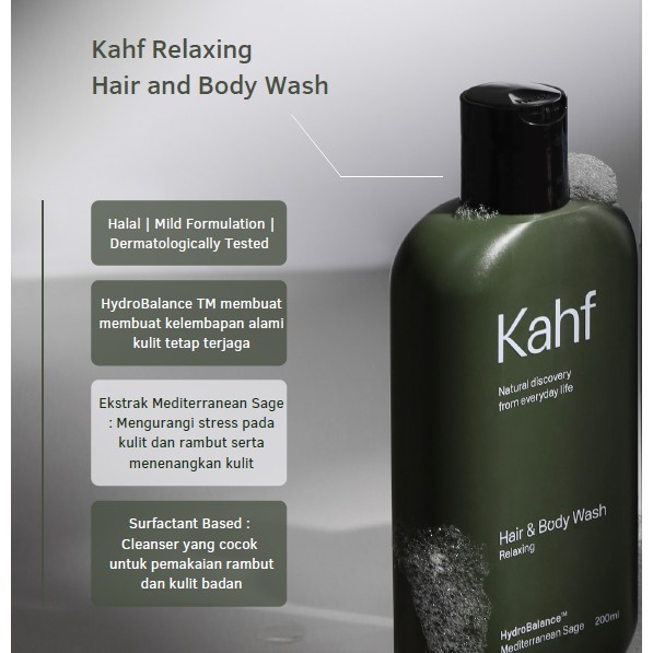 KAHF Relaxing Hair and Body Wash 200 ml biru/hijau sabun mandi khusus pria