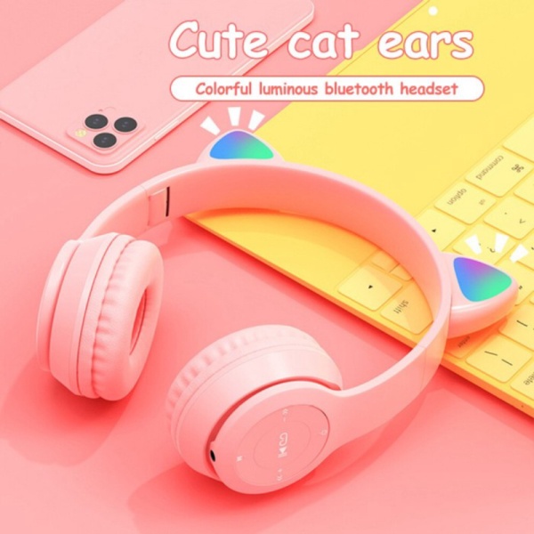 Dijual Headset Headphone Bluetooh Gaming Cute Cat Ear Macaron Lampu LED Murah