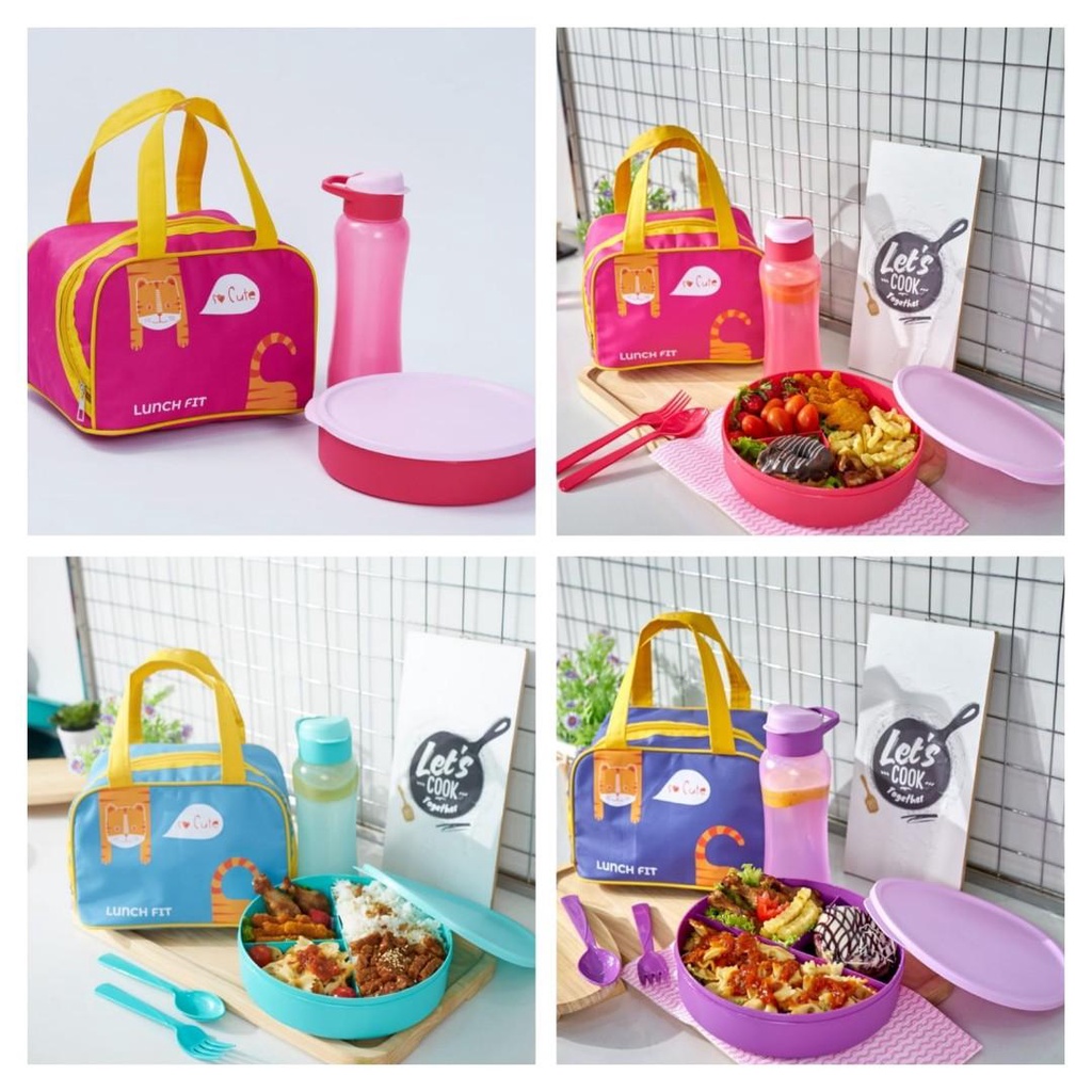 Tas bekal makan bulat set Chiara / Lunch box set / Tas motif kucing / paket hemat tas isi kotak tempat makan botol minum 2 sekat sendok garpu plastik panas dingin es bekal anak sekolah kantor piknik olah raga outdoor dengan tas pegangan tangan