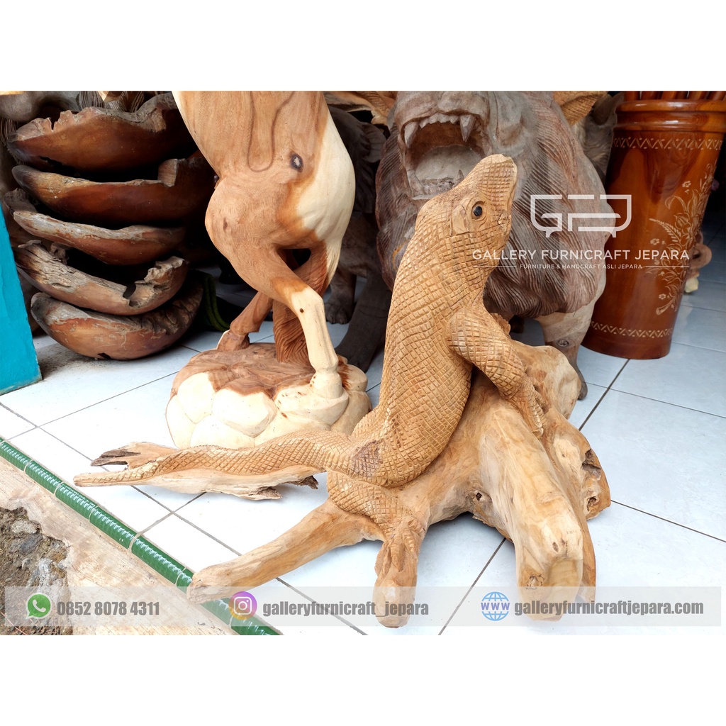 Patung Komodo Tunggak Jati Solid 80x40x50cm