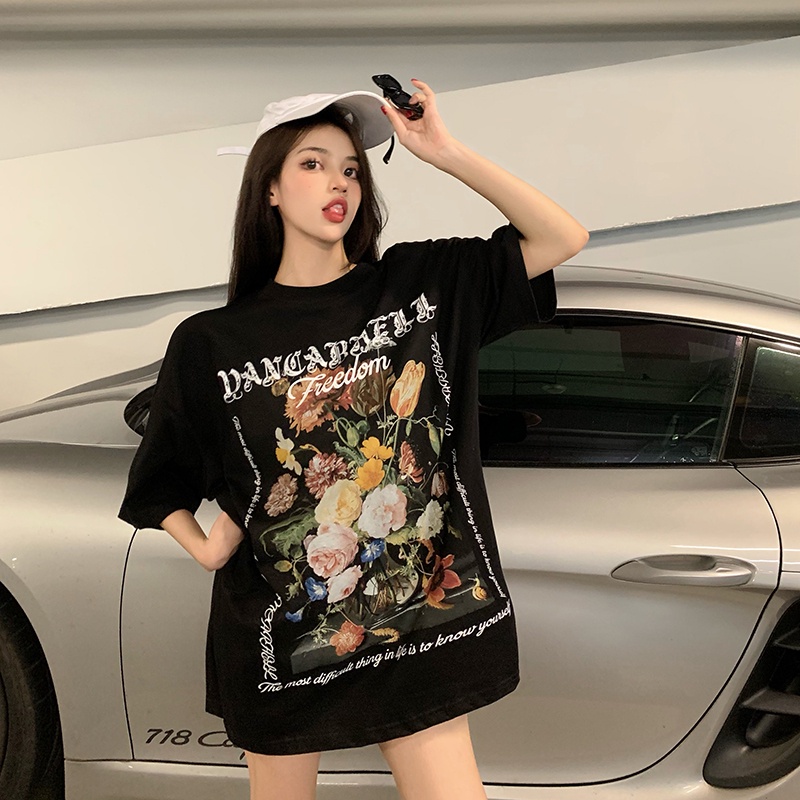 T-shirt Lengan Pendek Vintage Rose Korean Style/Kaos Atasan Wanita/Kaos Oversize Wanita