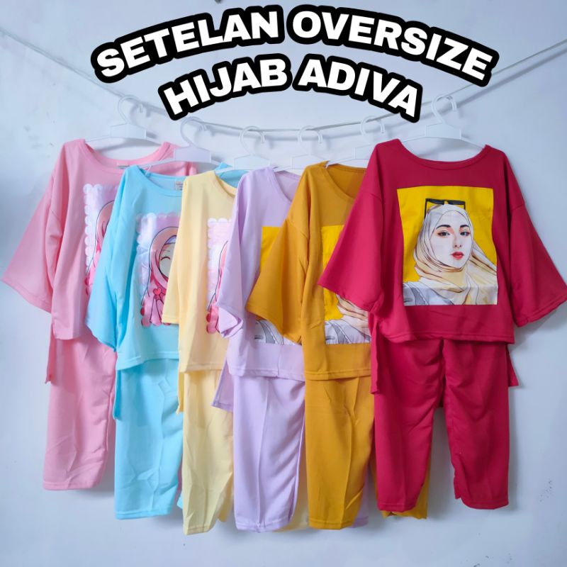 Setelan Oversize Hijab Adiva Slebew Pom pom anak cewek perempuan setelan lengan panjang anak cewek wanita viral terbaru motif jilbab kunyit merah ungu tosca