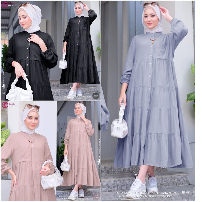 LINDA MIDI DRESS ORIGINAL BERLABEL GGS SHOFIYA/MIDI REMPEL FULL KANCING DEPAN/GAMIS MOTIF POLOS BUSU