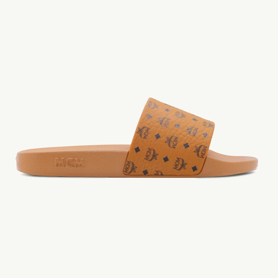 MCM Men Heritage Monogram Rubber Slides Cognac 100% Original