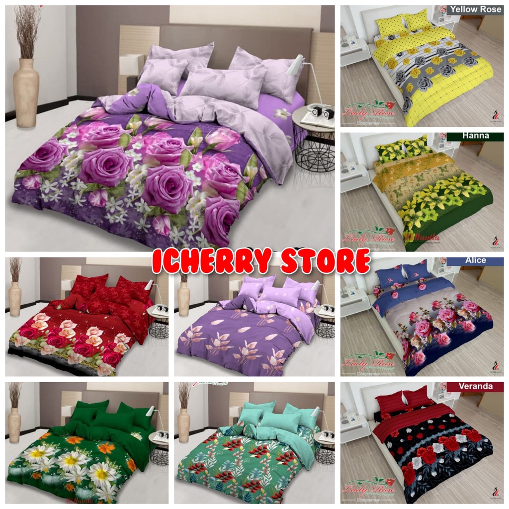 4in1 Full Set Bedcover + Sprei Lady Rose 3D Single 120x200 Motif Amelia, Alice, Sandra, Sarah, Yello