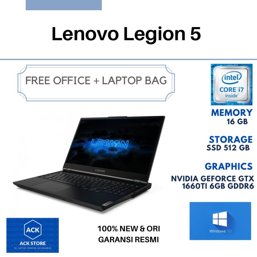 Lenovo Legion 5 MTID i7-10750H 16GB SSD 512GB GTX 1660Ti 6GB W10 OHS 15.6" THD