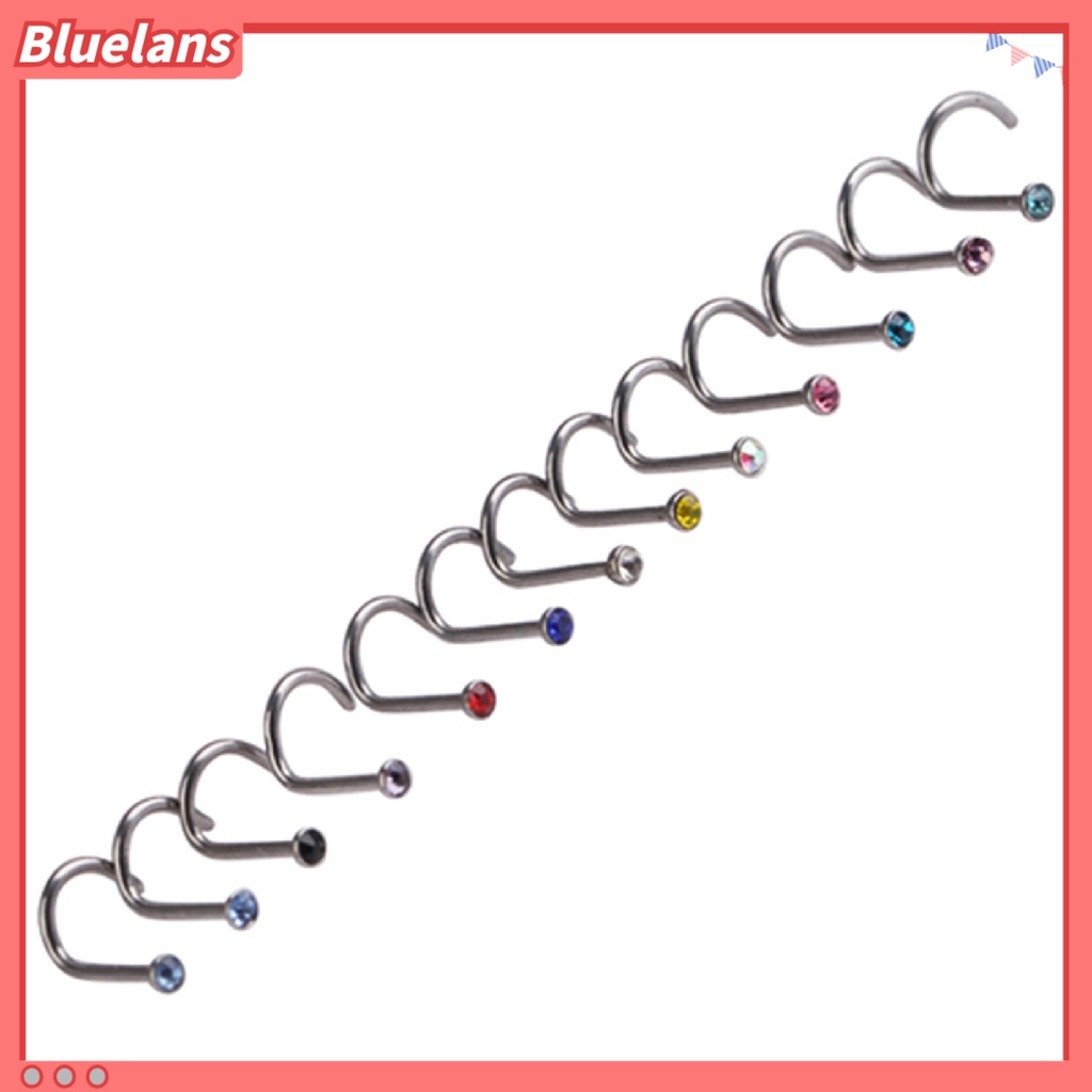 Bluelans 10Pcs Mixd Color Rhinestone Hook Bone Bar Pin Piercing Jewelry Nose Studs Rings