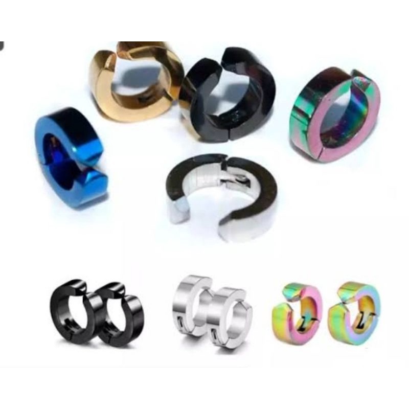 Anting Jepit Titanium Polos Cowok cewek Unisex Warna Hitam Silver Gold Pelangi