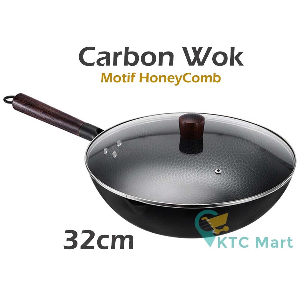 Carbon Wok Pan HoneyComb 32 CM + Tutup Kaca Wajan Hitam Kuali Hitam Anti lengket Kuali Anti Gores