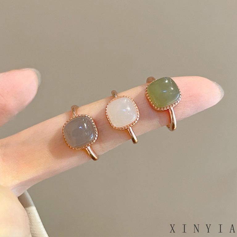 【Bayar di tempat】Cincin Giok Hetian Lapis Emas 18K Gaya INS Vintage Hotan Jade Sugar Ring Untuk Wanita Korea Fashion Gaya Vintage Minimalis Untuk Wanita