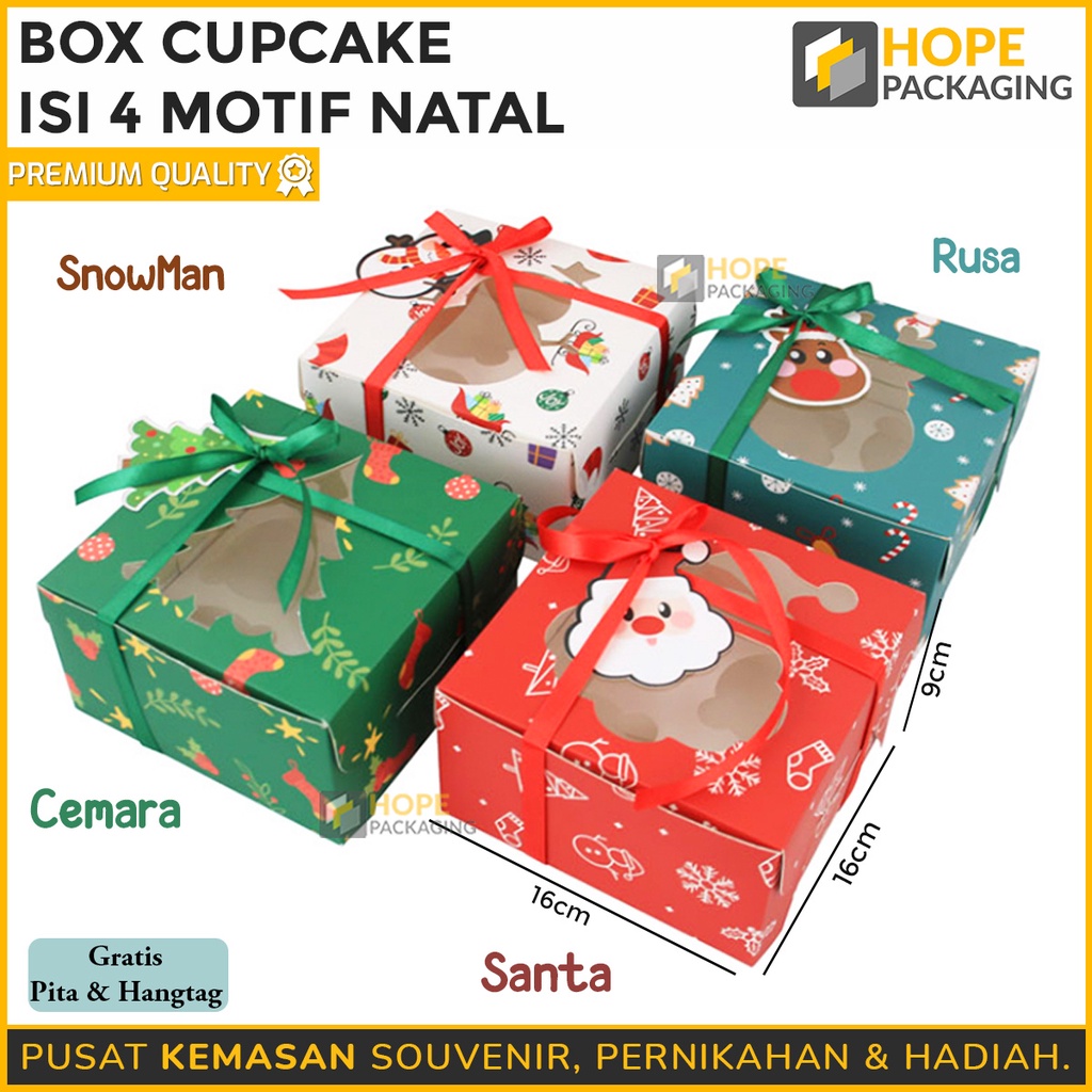 

Box Cupcake Isi 4 Kue SERI NATAL / Dus Kardus Tatakan Cup Cake / Kotak Hampers Christmas