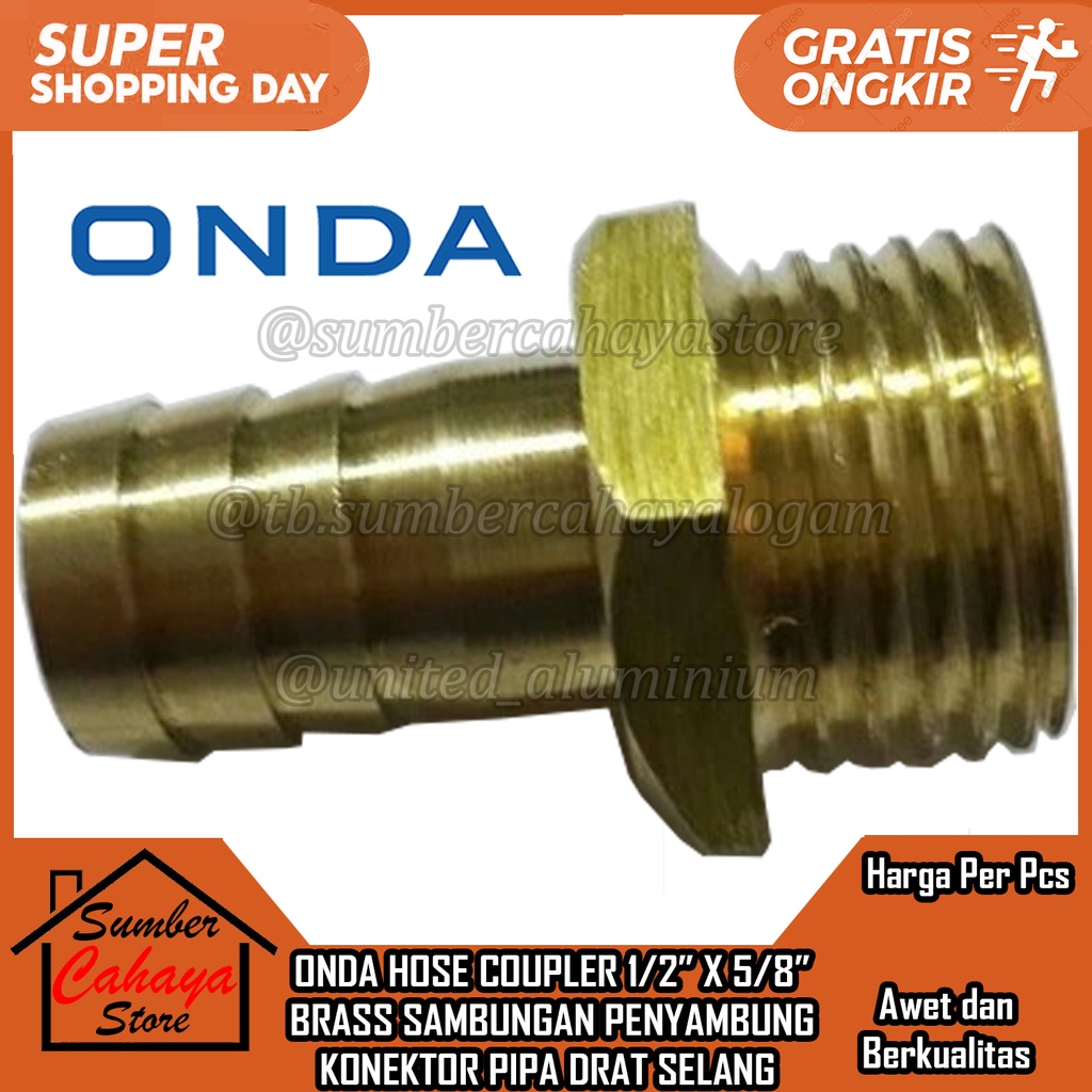 HOSE COUPLER KUNINGAN ONDA 1/2” X 5/8” BRASS SAMBUNGAN PENYAMBUNG KONEKTOR PIPA DRAT SELANG SLANG BR