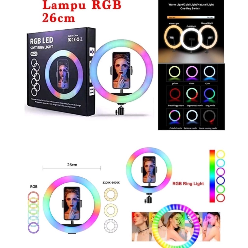 Soft Ring Light RGB LED 26Cm Ring Fill Light Rainbow + Free Holder U Hp &amp; Miniball / Ringlight Flash Selfi Murah Warna Warni Paket Komplit Live Streaming Youtuber / Ringlight Rainbow Lampu Photo Studio Selfie Make Up Live Tiktokers Vlogger Live Streamer