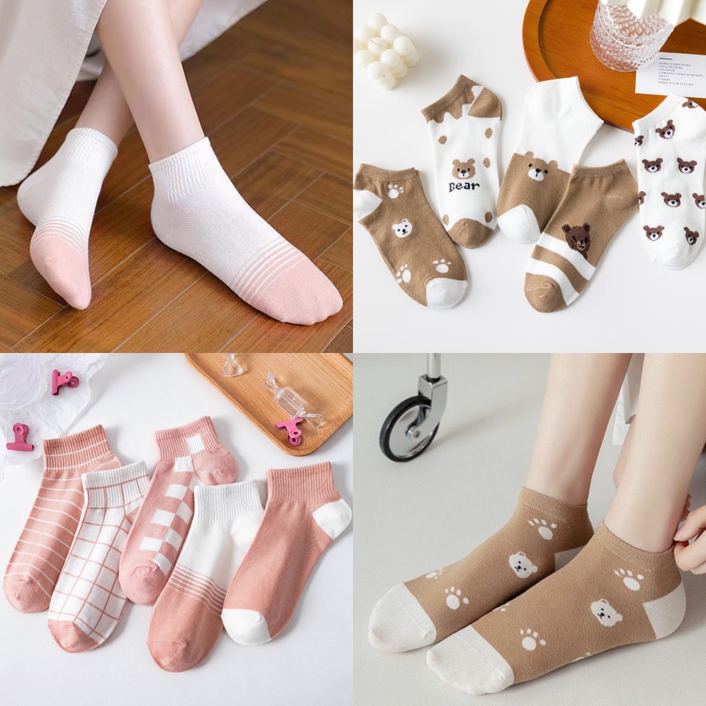 Kaos Kaki Pendek Fashion Motif Bear Brown Garis Kotak Pink Korea Cute Ankle Socks Import