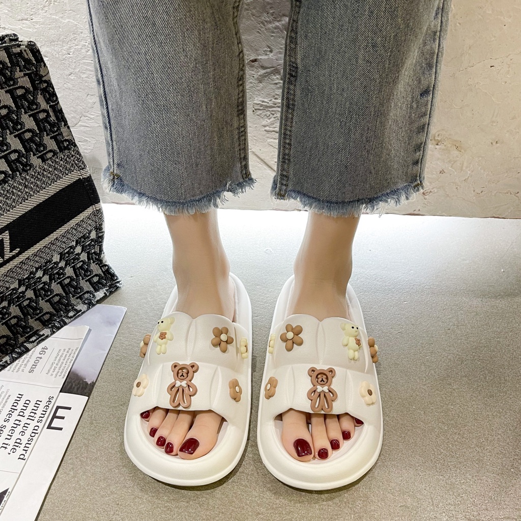 FY Sandal Slop Jelly Wanita Motif Teddy Bear Soft Slipper Anti Slip Elastic