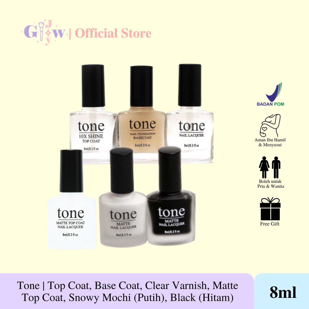 TONE (top coat, base, clar varnish / bening, snowy mochi, black hitam, matte top coat) kuteks kutek kuku jari tangan cantik mengkilap kinclong cantik meni pedi menicure pedicure perawatan layer halal sholat air wudhu murah termurah original asli