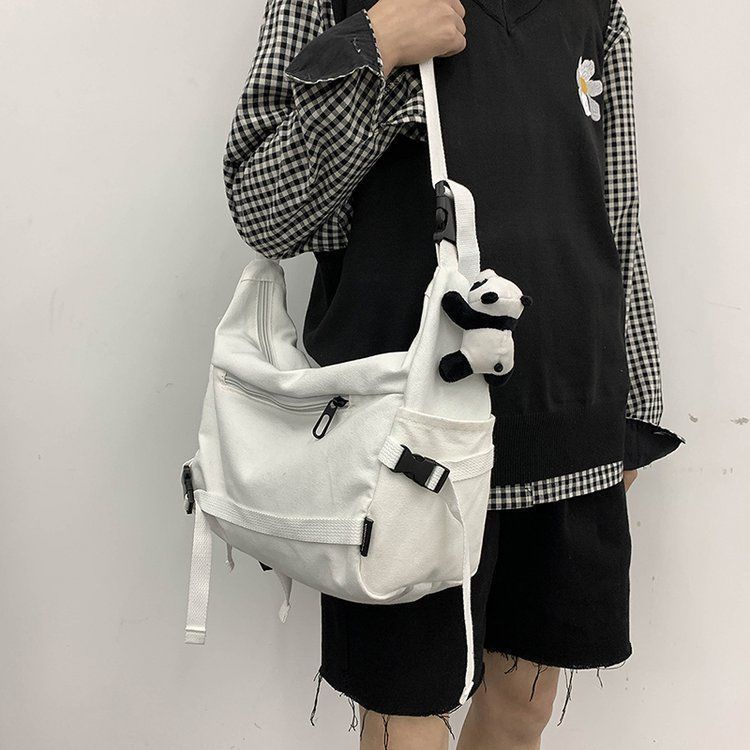 ✲Ins Jepang Harajuku Gelap Fan Dapat Perkakas Tas Kanvas Wanita Korea All-Match Warna Solid Mahasiswa Satu Bahu Messenger Tas