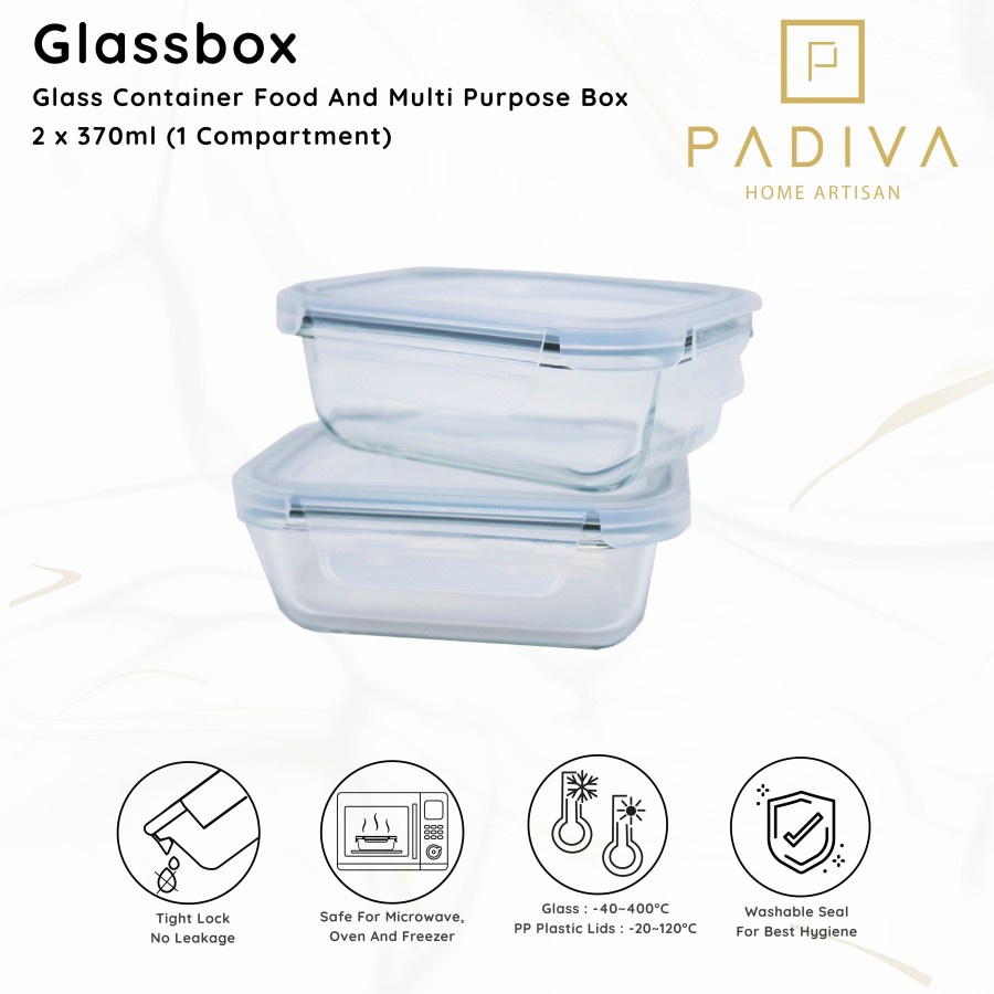 Padiva 370ml (2pcs) Glassbox 1 compartment Kotak Kaca Tahan Panas Microwave Tempat Bekel 370 ml