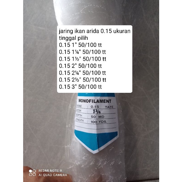 Jaring Ikan Arida 0.15 50md/100yds tate ukuran tinggal pilih Jaring Arida Pukat Ikan jaring ikan kec
