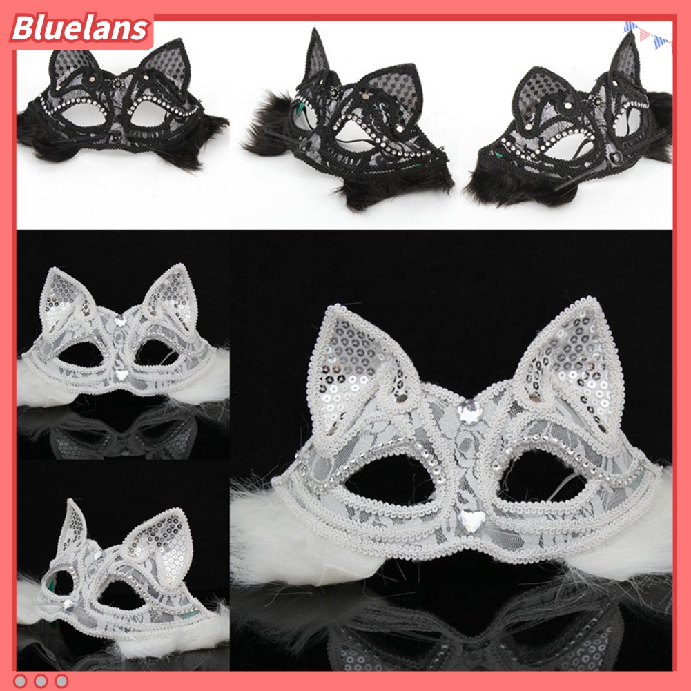 Topeng Mata Model Setengah Wajah Desain Rubah Bahan Lace Untuk Pesta Halloween