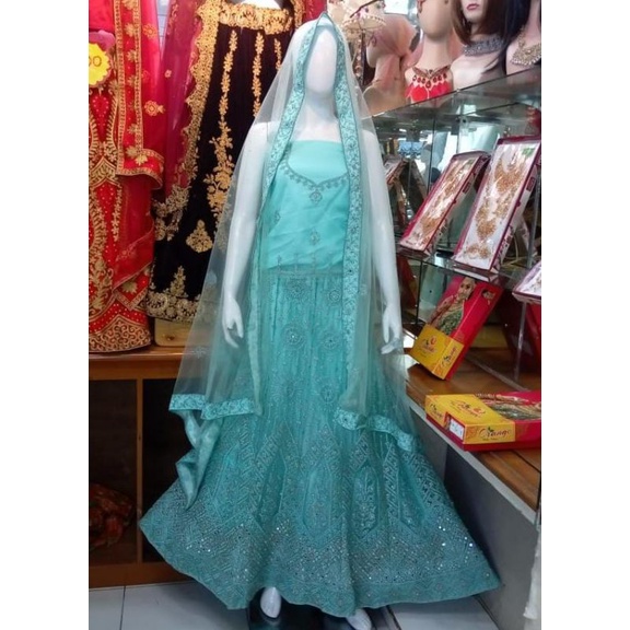 LEHENGA Baju India Pesta Bollywood Biru Laut Kaca Kaca Masih Bahan Makasar Bugis Bodo Adat Pernikaha