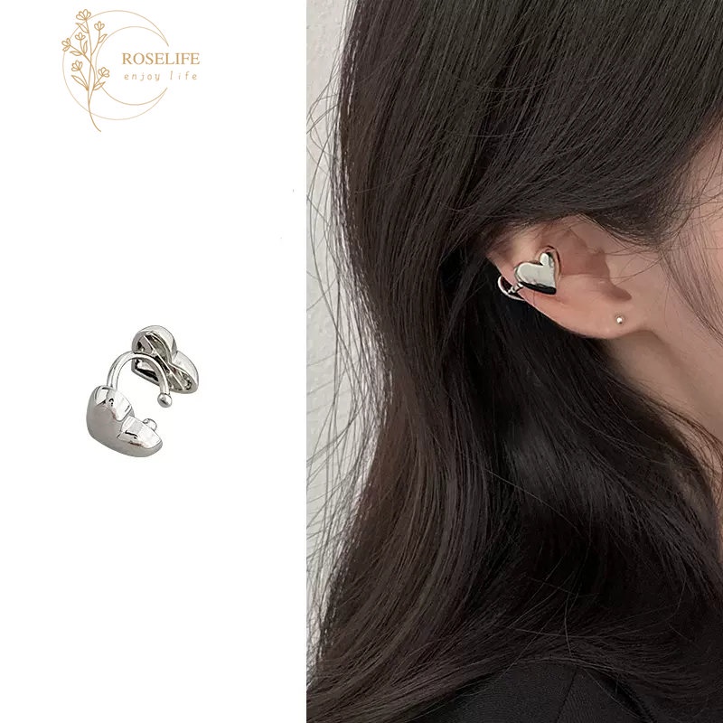 Roselife 1PC Anting Jepit Tulang Rawan Telinga Tanpa Tindik Desain Hati 3D Warna Silver Untuk Wanita