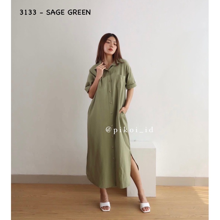 Loose dress wanita katun linen / dress wanita busui full kancing / oversize kemeja dres panjang 3133