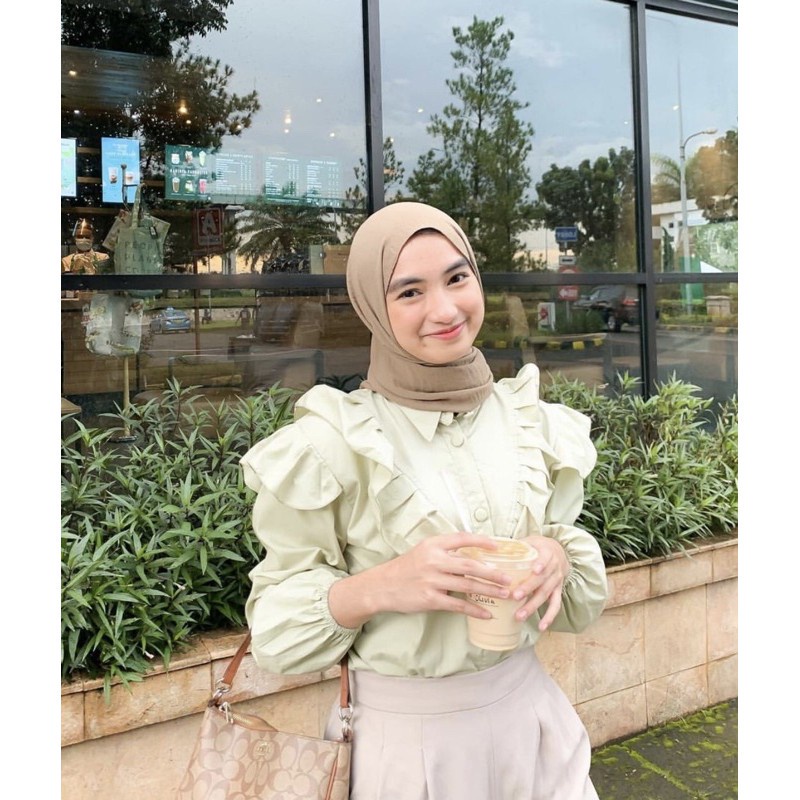 Tq88indonesia Fashionn Blouse Wanita Terbaru / Lelana Wrap Button Ruffle Shirt / Baju Atasan Polos Cewek Lengan Panjang / Blus / Busana Casual Cewek / Ootd / Outfit Kasual Kekinian