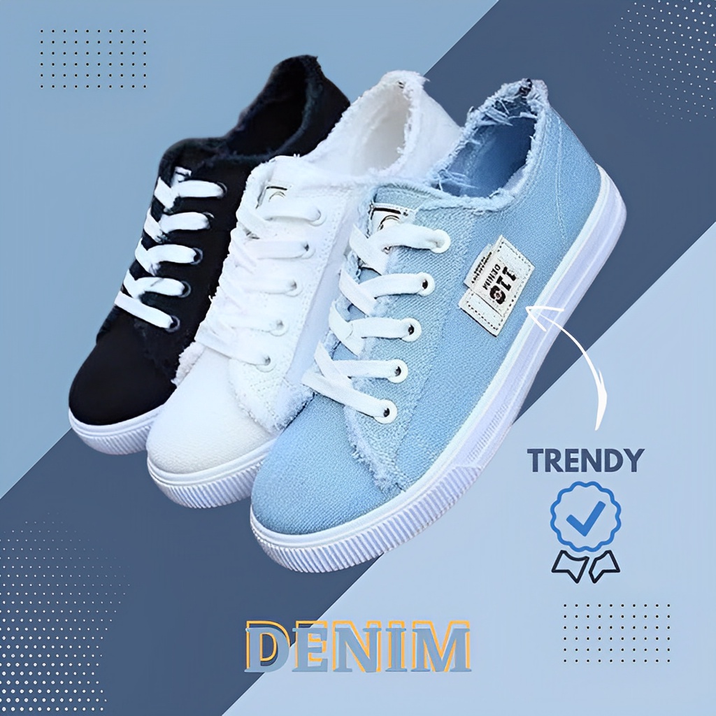 Sepatu Sneakers Kets Denim Premium Jeans Wanita Cewe Cewek Perempuan Putih Hitam Biru