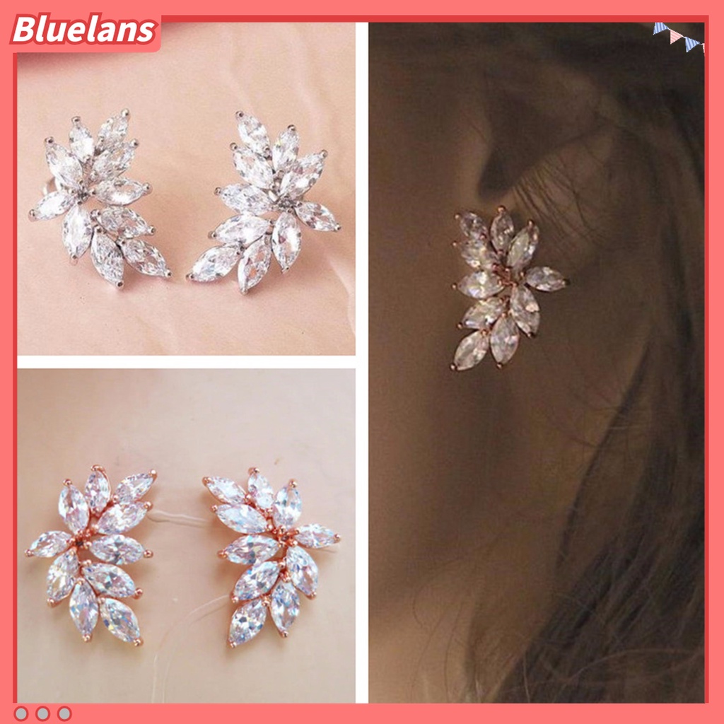 1 Pasang Anting Stud Bentuk Daun Aksen Glitter Anti Alergi Untuk Kencan