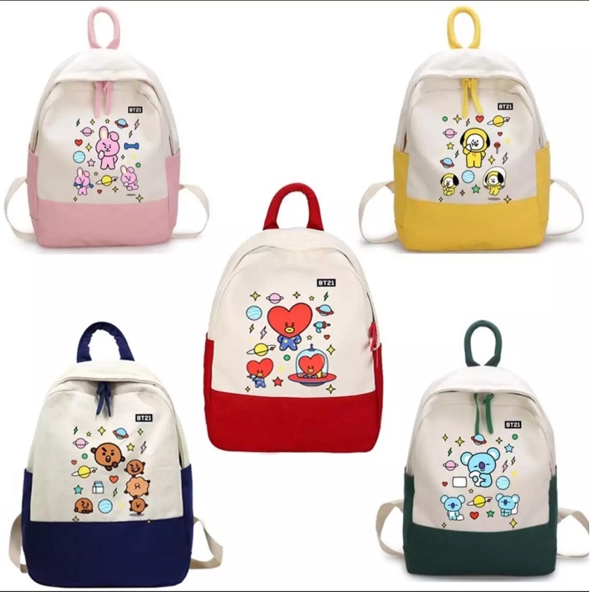 Tas anak anak perempuan ransel sekolah karakter kartun lucu BT21 pink merah kuning