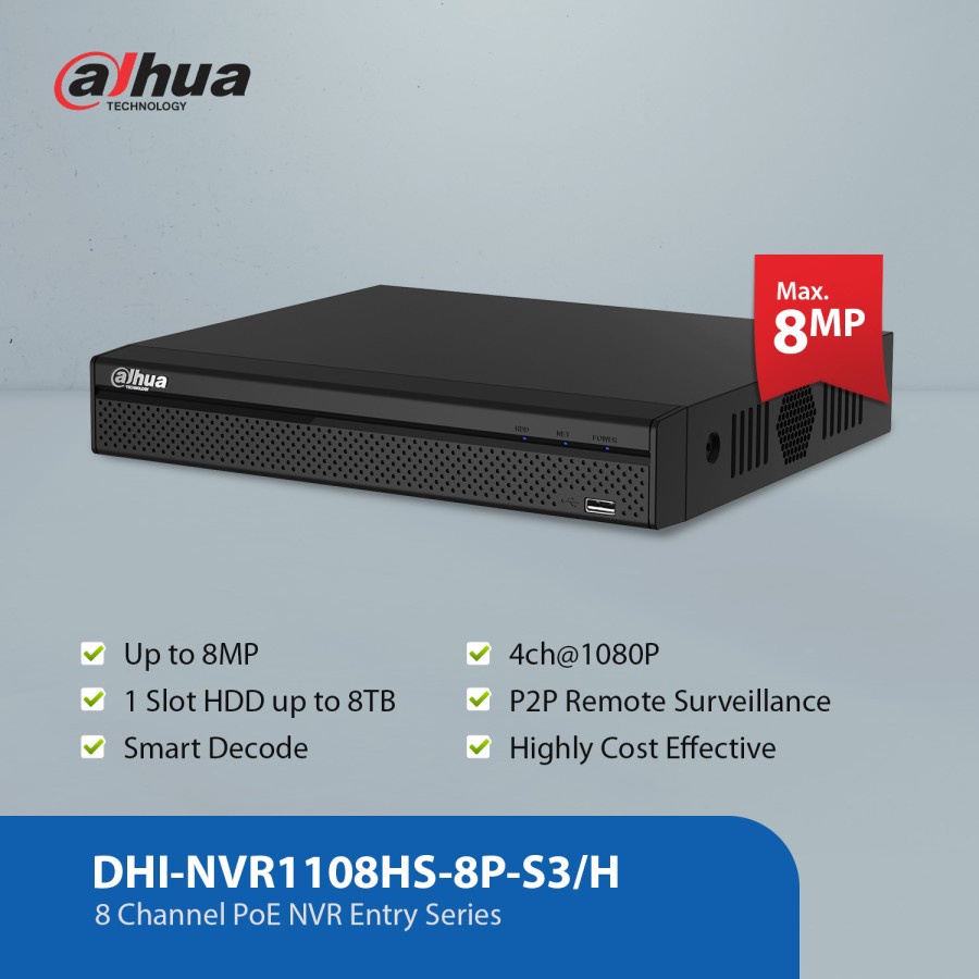 NVR Dahua 8 Channel Non PoE Support Onvif DHI-NVR1108HS-S3/H