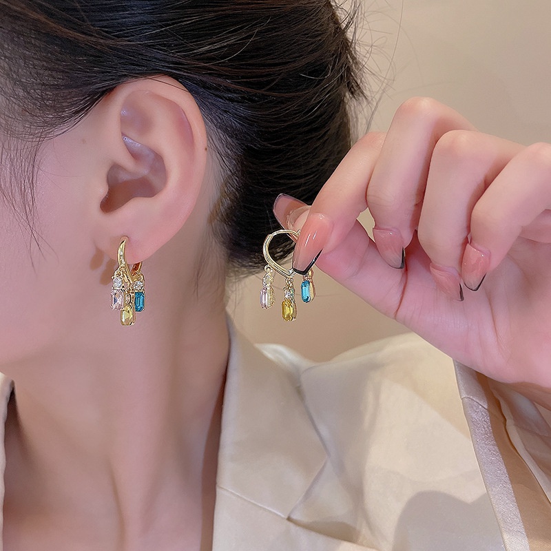 Anting Tusuk Gantung Bahan Sterling silver 925 Desain Hati Hias Kristal Warna Warni Gaya Mewah Untuk Wanita