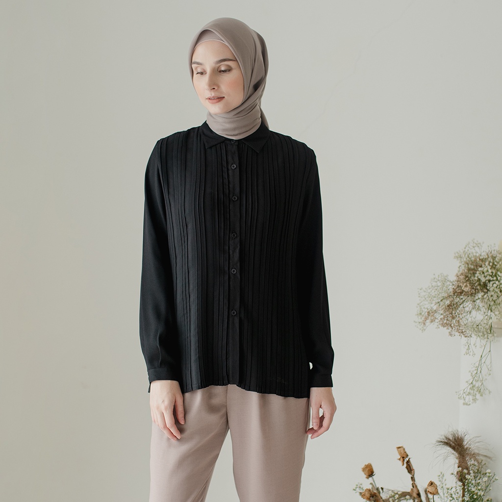 Kaluna by Aska Label - Atasan wanita kemeja plisket lengan panjang dengan manset warna abu taupe, pink mauve, hitam black