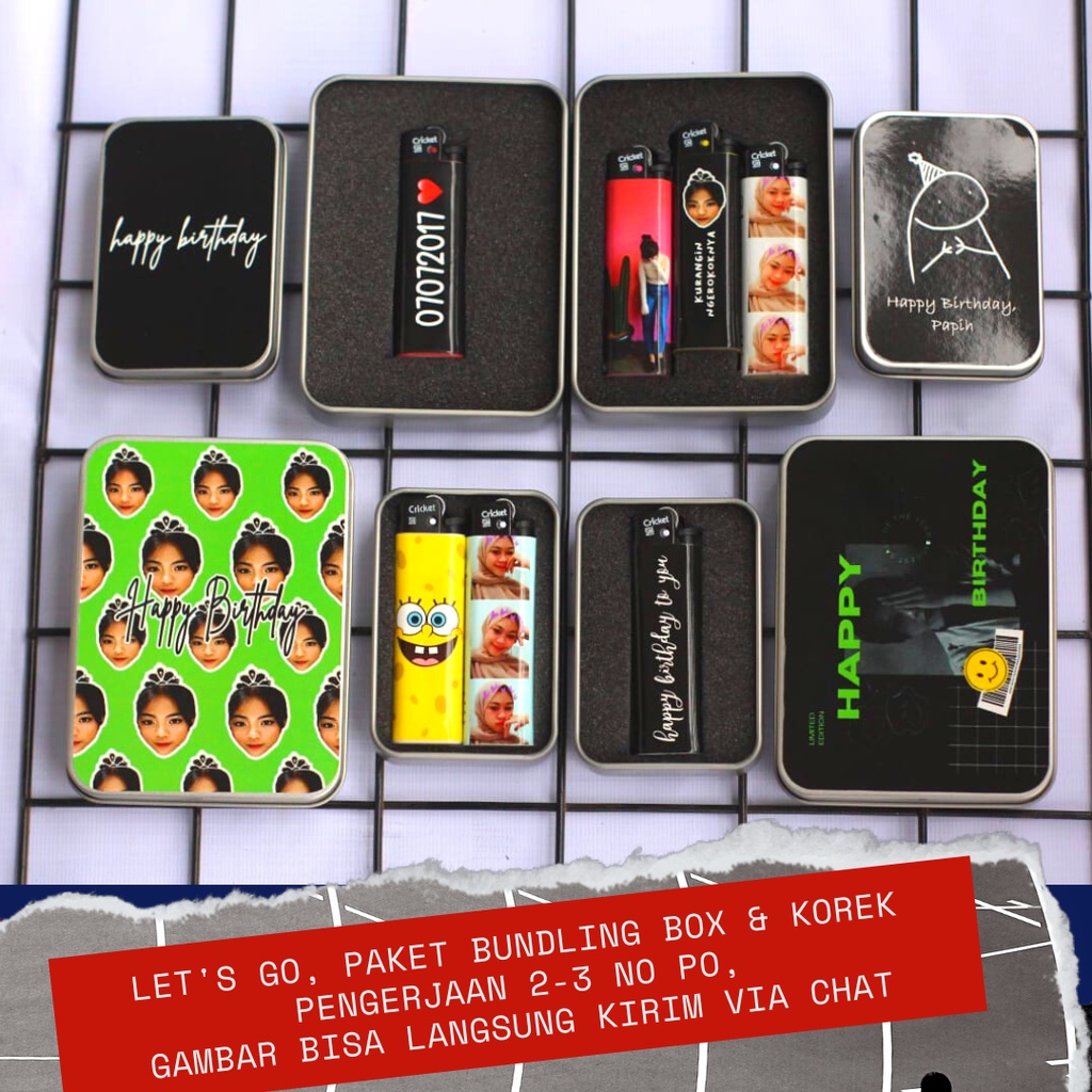 [Bisa COD] [No PO] Paket Bundling korek Cricket Custom - Box Kaleng - Dan Korek Cricket Custom  Koleksi, Kado, Souvenir, Gift Box