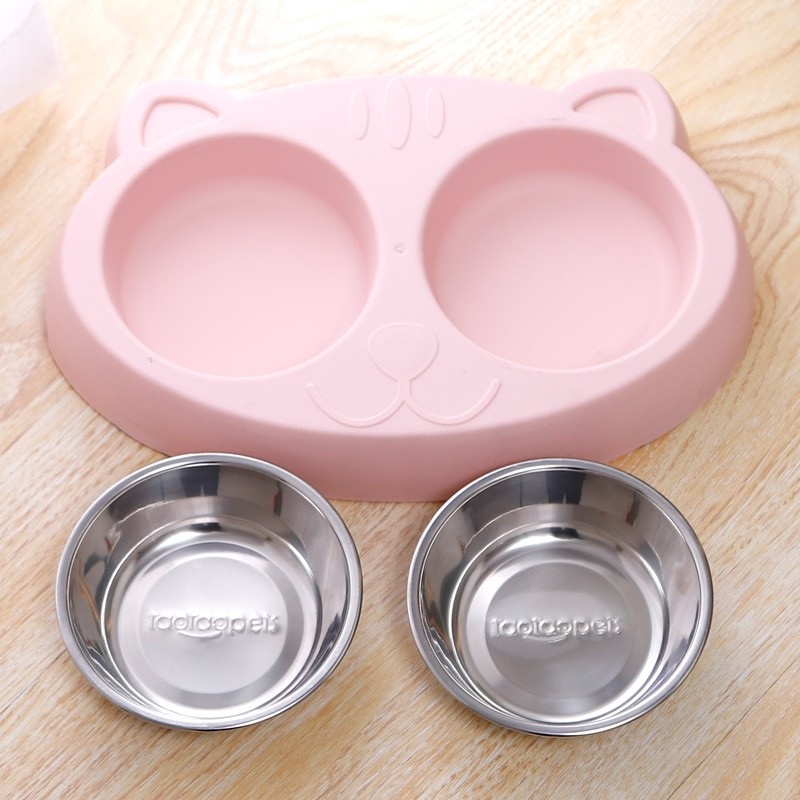 Mangkok Stainless Double Macaron Model Muka Kucing Untuk Anjing Dan Kucing