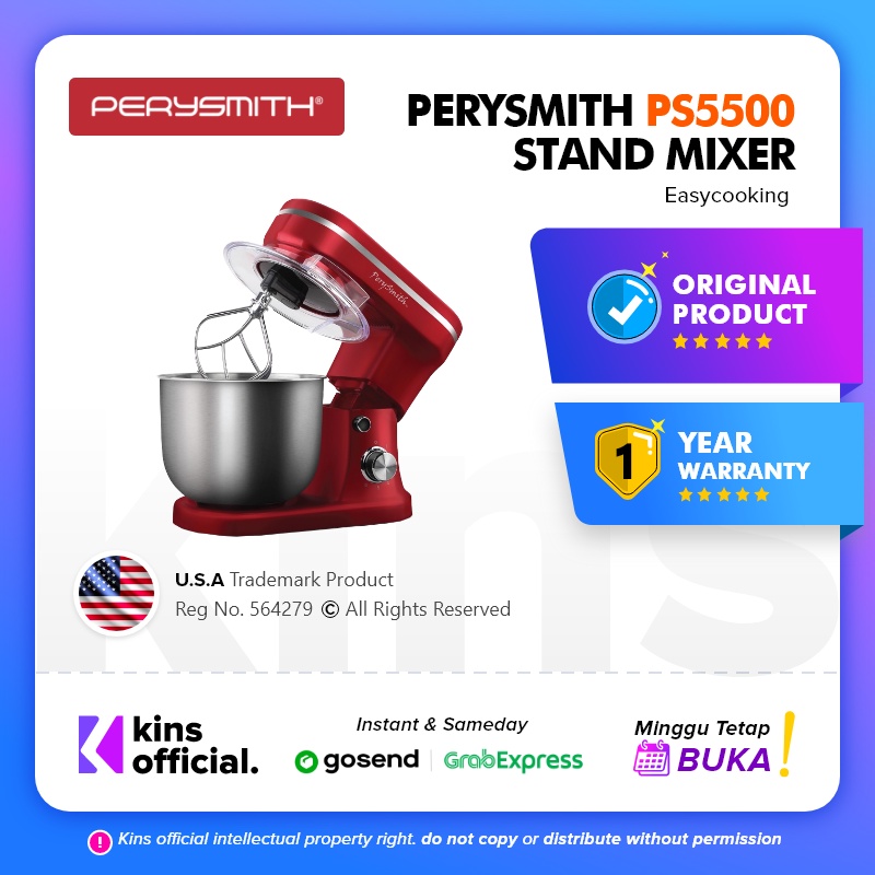 PerySmith PS5500 Stand Mixer 6 Speed Setting Mixer Berdiri 5.5L 1200W