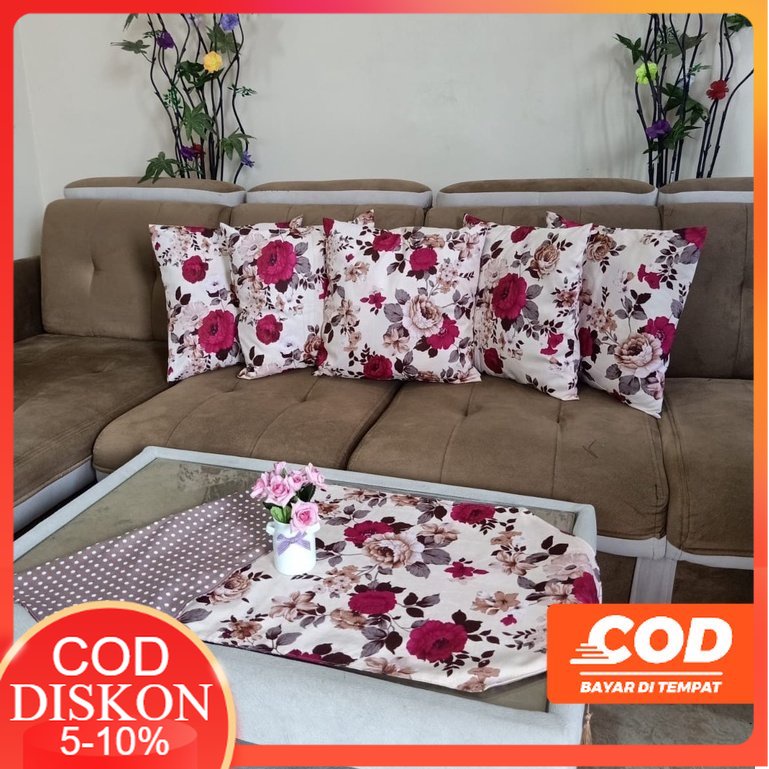 COD PAKET SARUNG BANTAL KURSI SOFA SET 5 PCS 40x40 DAN TAPLAK MEJA TAMU PREMIUM MEWAH ANEKA MOTIF PE