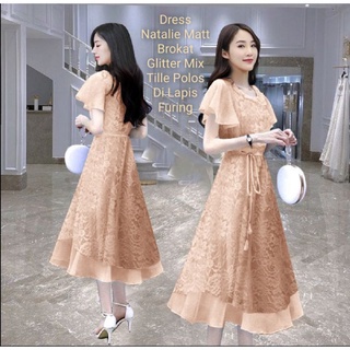 Dress Wanita Midi Model Terbaru Kondangan/Formal Matt Brokat/Dress Natalie Size L-XL-XXL/Dress Pesta Dan Acara Natalan Wanita Kekinian Viral