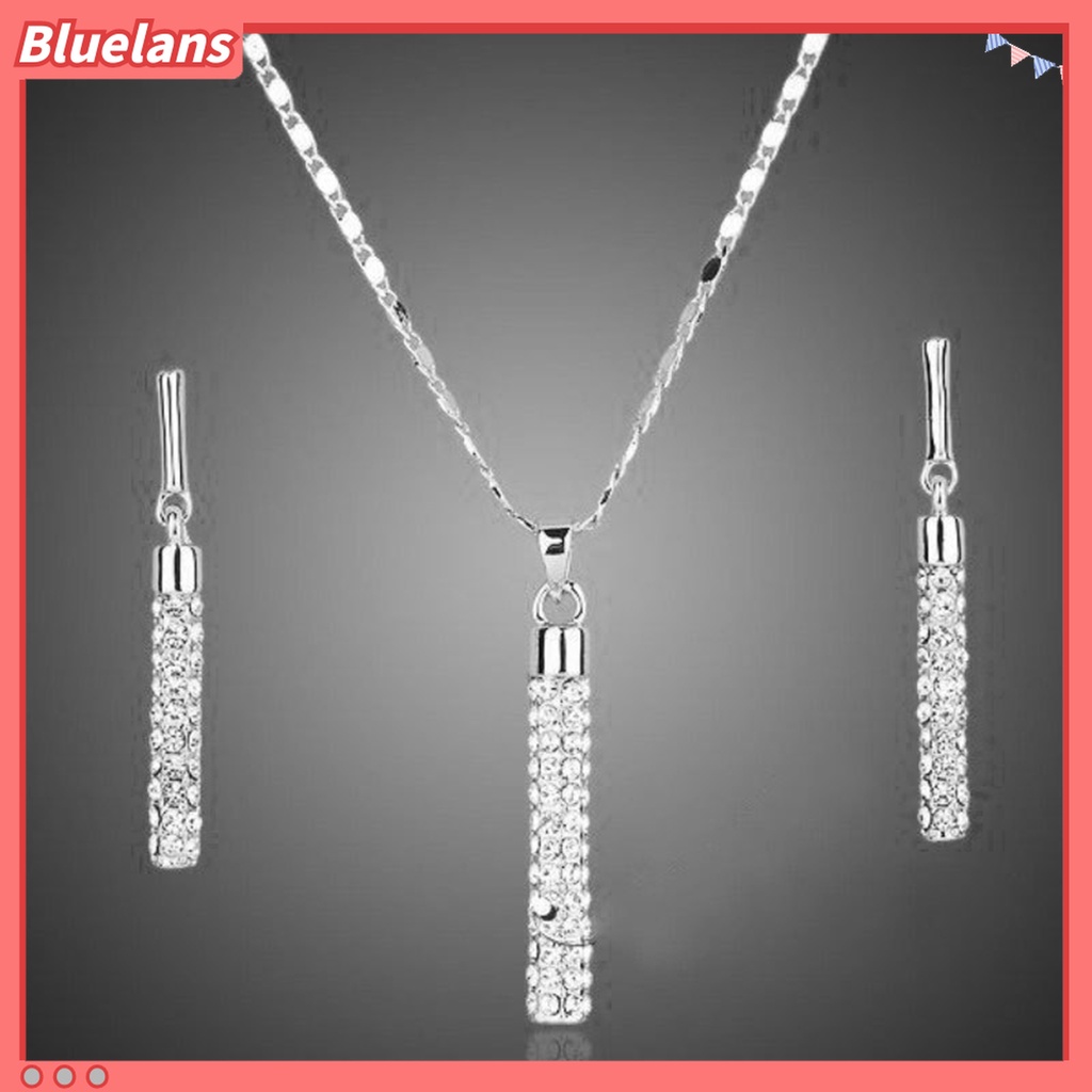 1 Set Kalung Anting Berlian Imitasi Shiny Bentuk Silinder Untuk Wanita