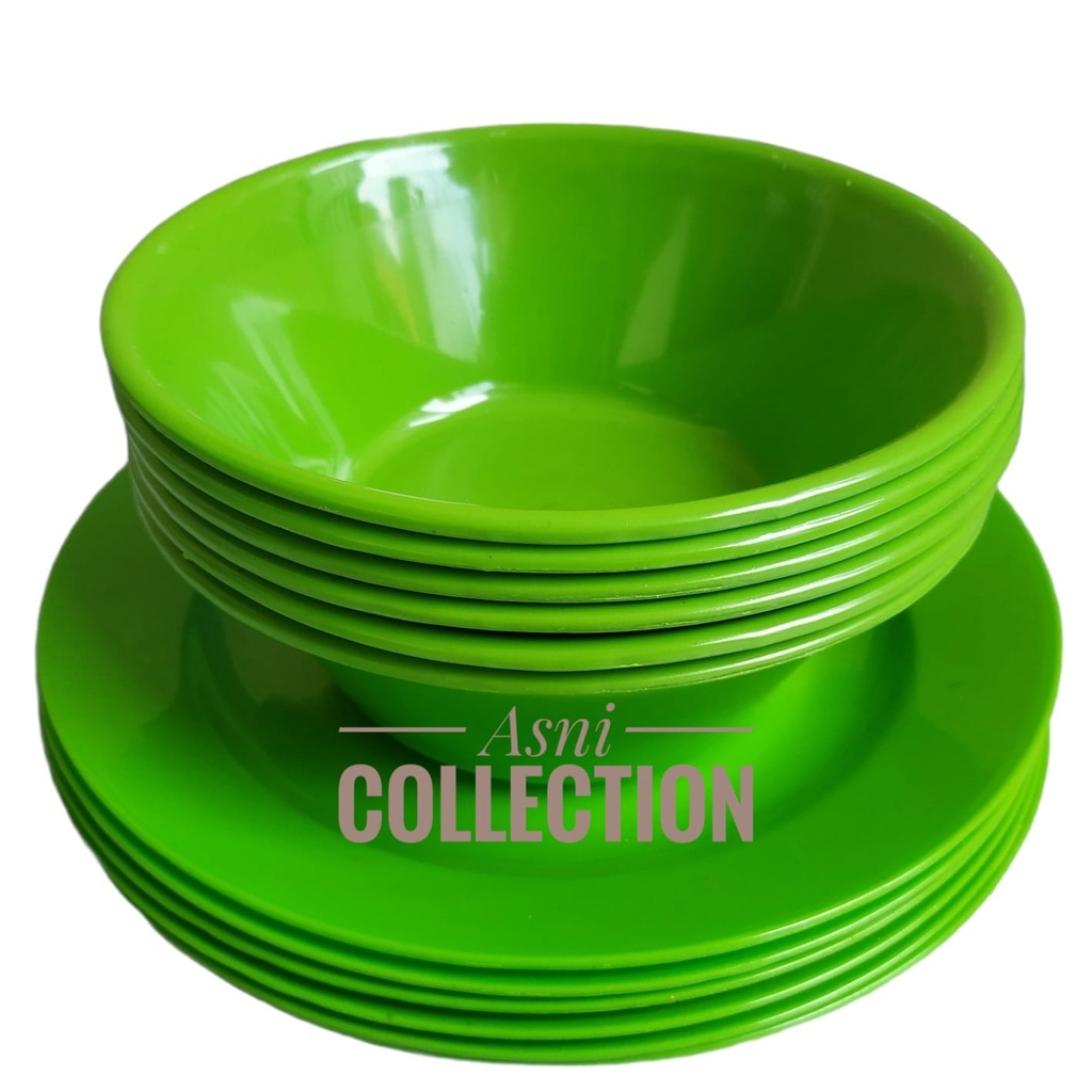 SET SATU LUSIN PIRING MANGKOK PLASTIK (6 PIRING MAKAN+ 6MANGKUK 7INC) PIRING MANGKUK PLASTIK SSJ ANT