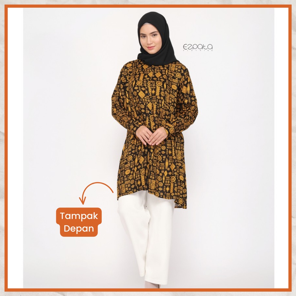 Ezpata Atasan Kemeja Tunik Rayon Premium Motif Etnik Kekinian Lengan Panjang Penutup Kancing Wudhu Busui Friendly Termurah Berkualitas