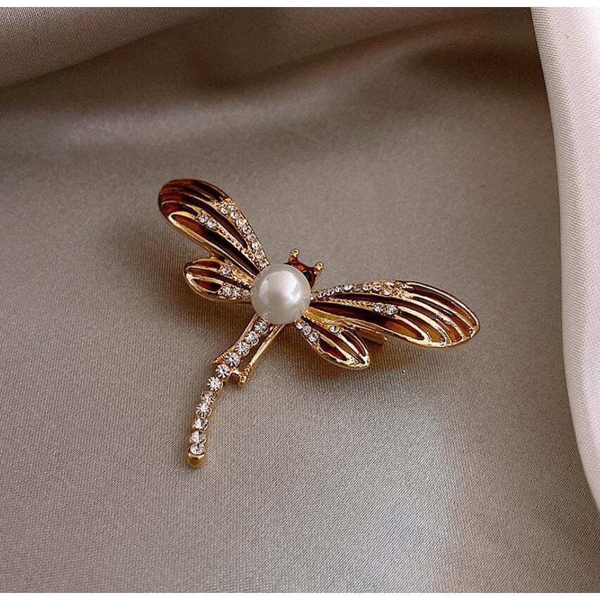 Bros Pin Bentuk Capung Aksen Mutiara Dan Berlian Gaya Korea Untuk Sweater