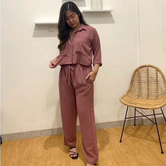 BAJU ONE SET SETELAN CELANA SETCEL WANITA JUMBO CRINKLE LD 120 KEKINIAN KEMEJA CROPTOP PREMIUM LENGA