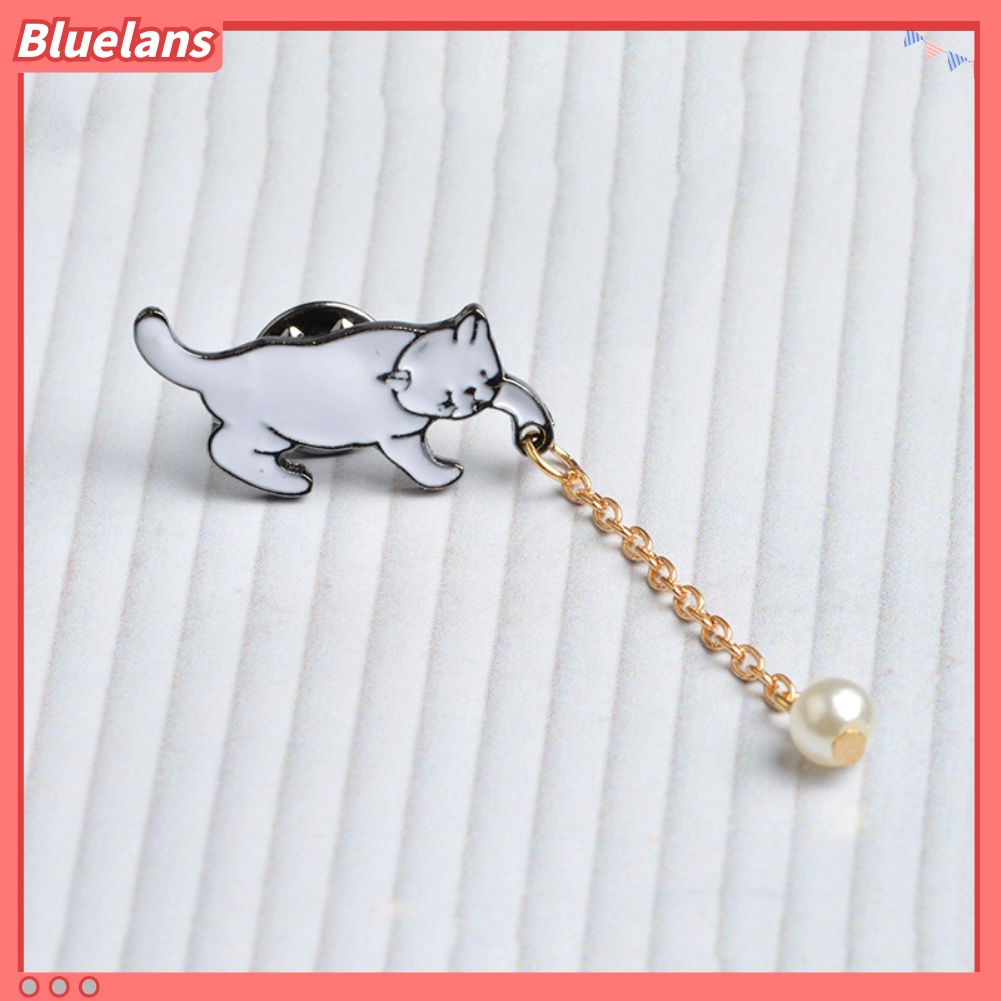 Bluelans Bros / Pin Bentuk Kucing dengan Rantai + Mutiara Imitasi untuk Aksesoris Perhiasan