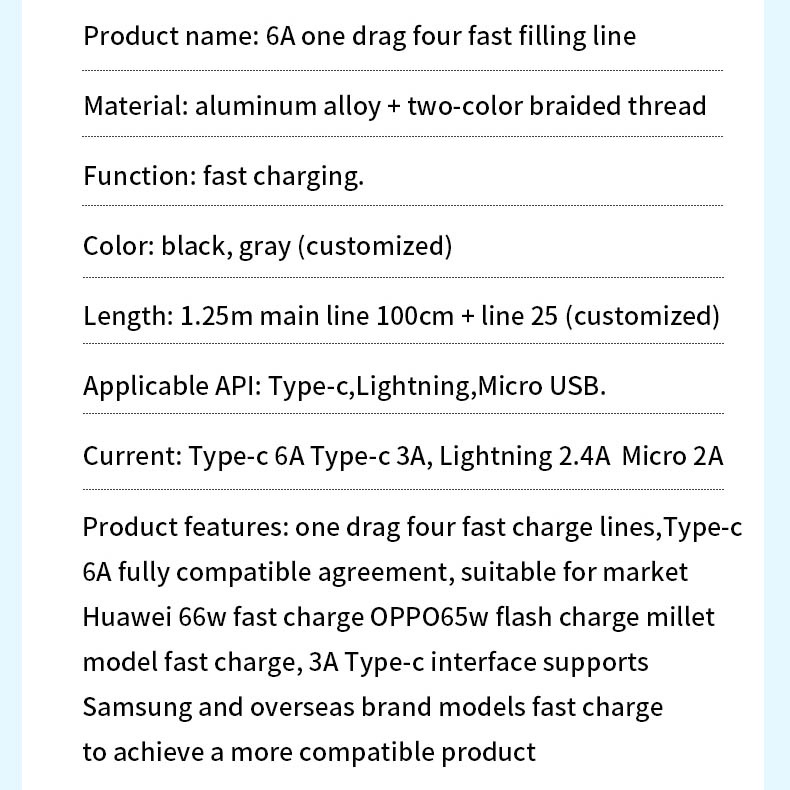 4in1 Kabel Data / Charger Micro USB Tipe-C 6A 66W Fast Charging Untuk Iphone / Android