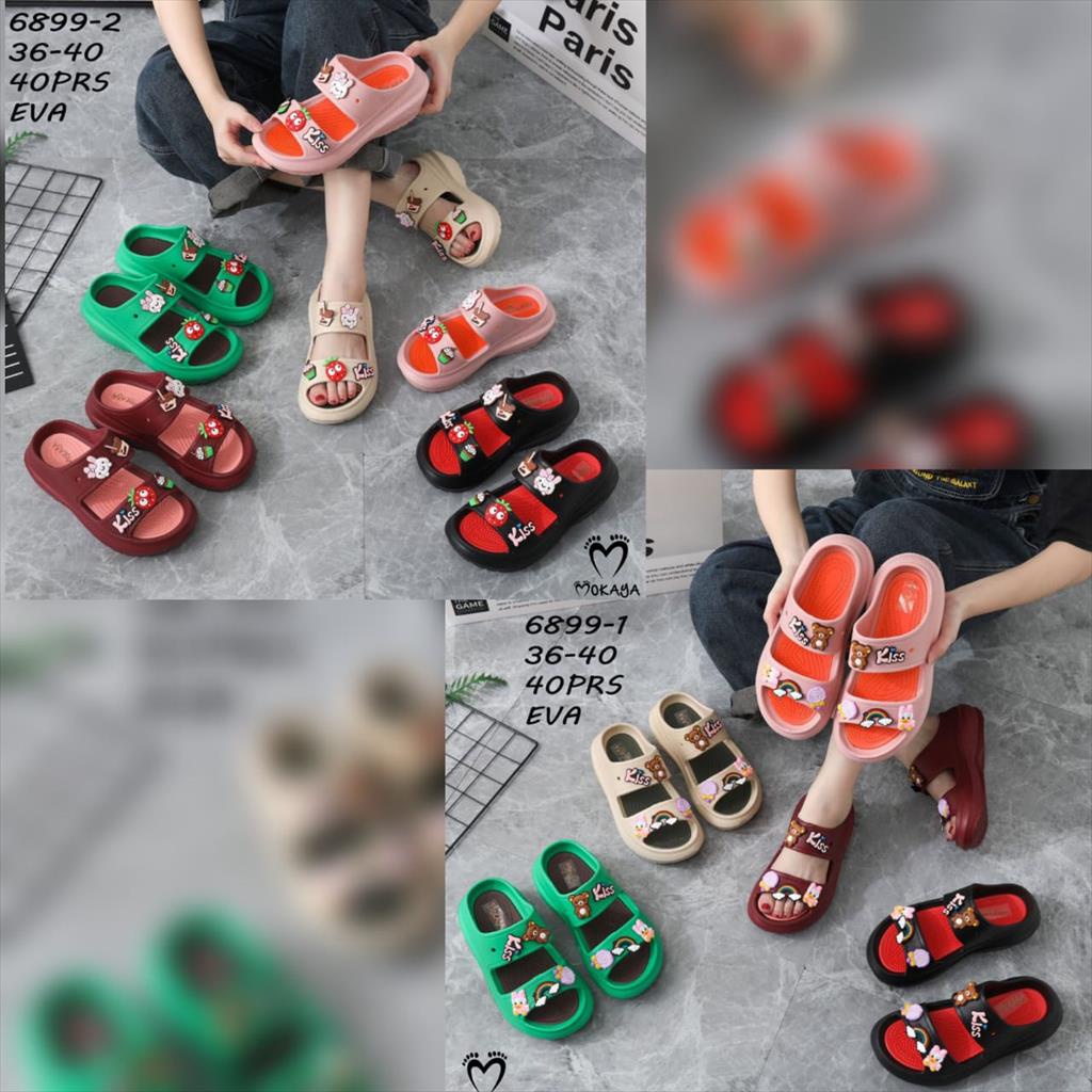 Sandal Wedges Eva Wanita Ban 2 Mainan Jibbitz Motif Bear &amp; Bunny Pita Kiss Super Cantik Keren Lucu Trendy Import Mokaya / Size 36-40 (6899-1 &amp; 6899-2)