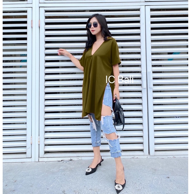 LONG  SQUARE  V NECK TOP ATASAN BLOUSE WANITA   AIRFLOW KRINGKLE TS001