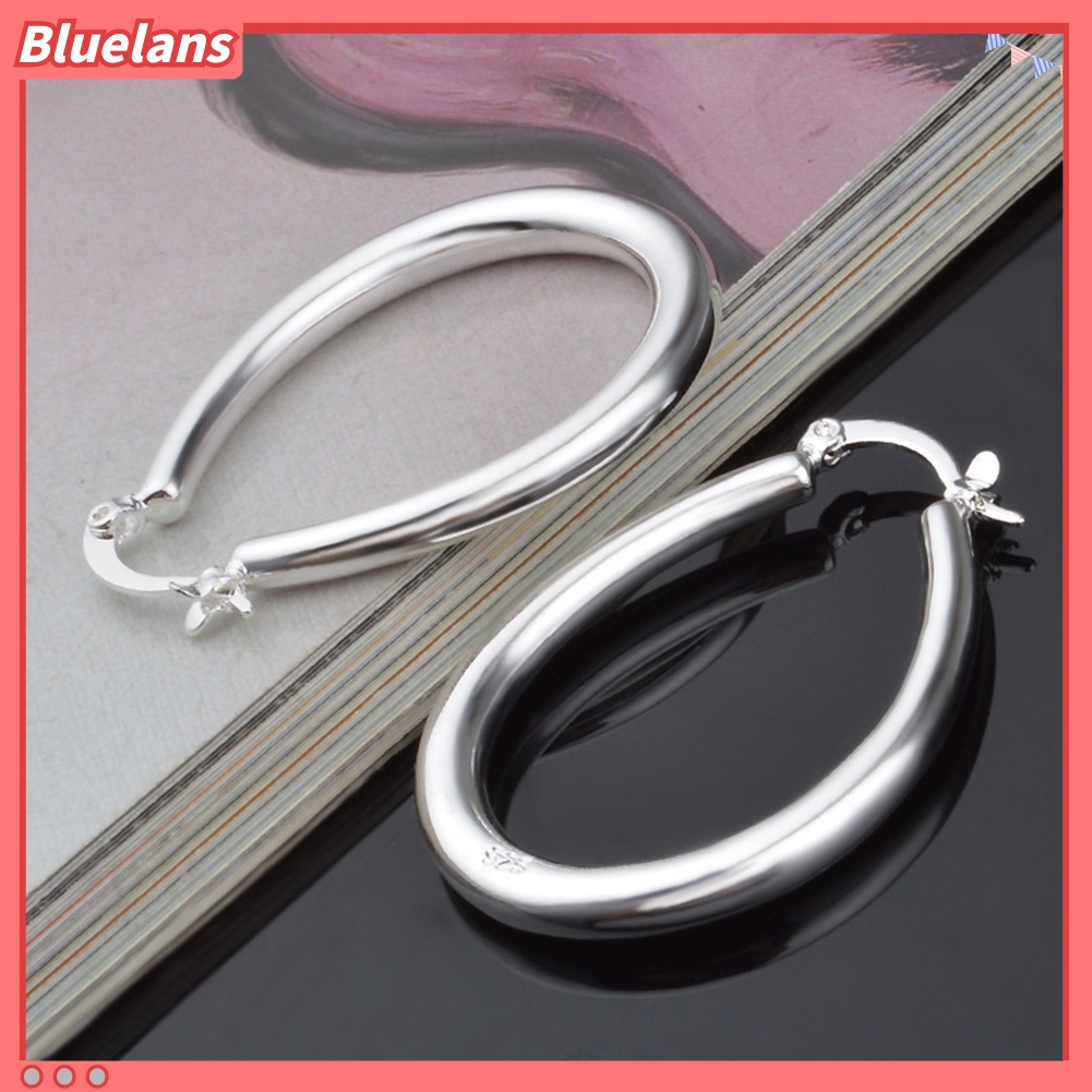 Bluelans Anting Hoop Bentuk Oval Besar Model Hollow Lapis Silver Untuk Wanita