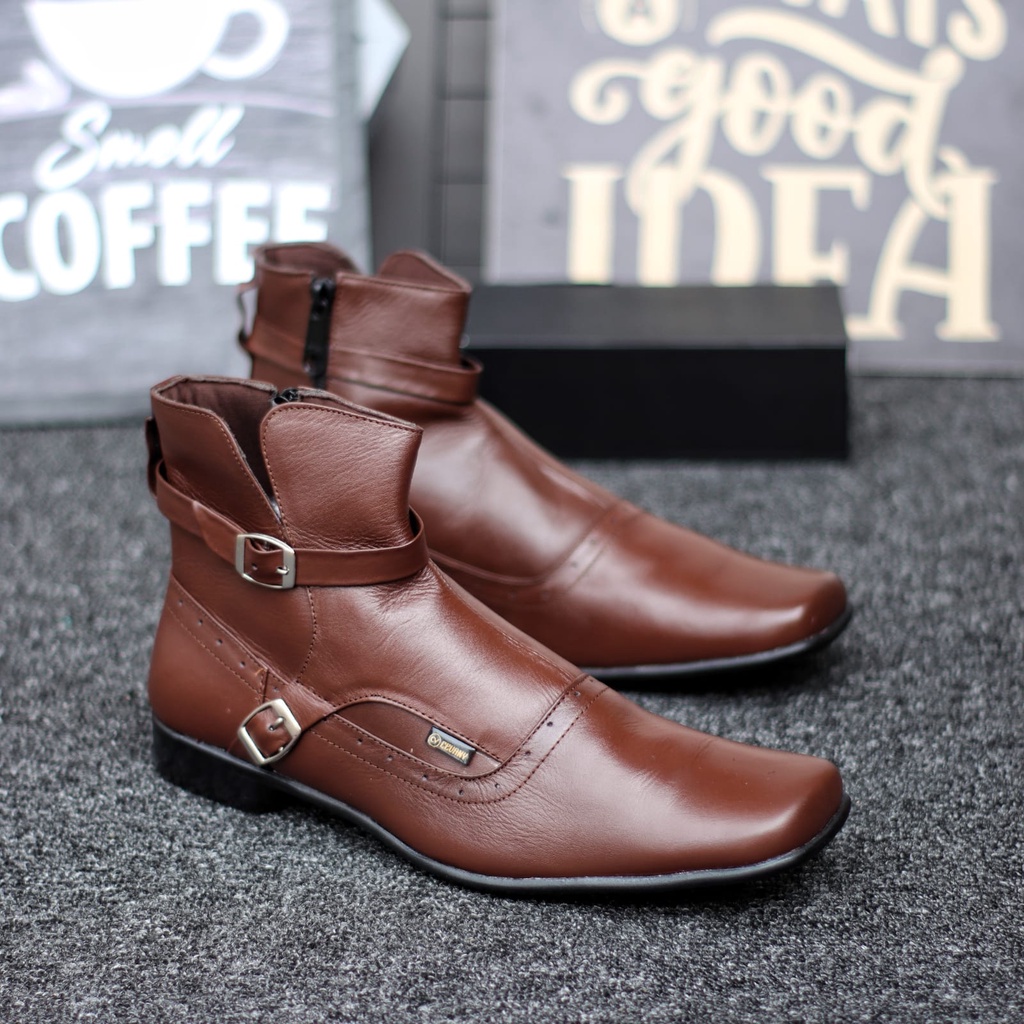 Sepatu Boots Pantofel Kulit Asli Formal Resleting Kerja Hitam Pria Abrhm Pacuan